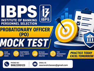 IBPS Probationary Officer mock test banner featuring a professional educational design with banking exam theme, including icons of finance, analytics, and reasoning. The image highlights practice questions, exam preparation strategy, and performance analysis tools. Ideal for students preparing for Institute of Banking Personnel Selection PO exams, showcasing a structured and modern learning environment with a clean and engaging layout.