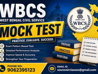 WBCS mock test series banner showing students preparing for West Bengal Civil Service examination with practice papers, question sets, and detailed solutions displayed on screen. Visual represents exam-oriented preparation, time management practice, and competitive learning environment designed for aspirants targeting WBCS Prelims and Mains success with structured mock tests and expert guidance.