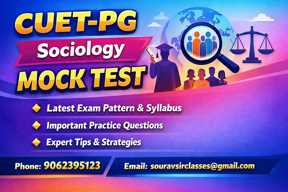 CUET PG Sociology mock test interface showing multiple-choice questions, answer options, and detailed solutions on a digital screen. Ideal for students preparing for postgraduate entrance exams, enhancing practice, time management, and conceptual understanding in sociology topics