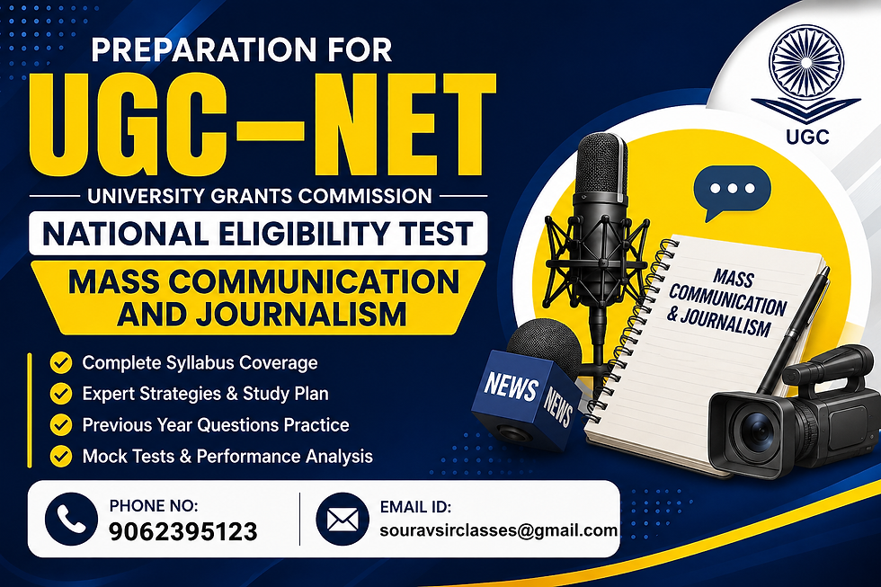 Professional educational thumbnail for UGC–NET Mass Communication and Journalism preparation featuring journalism and media communication concepts, newspapers, microphones, digital media elements, broadcasting visuals, academic books, study materials, structured preparation pathways, modern educational design, research-focused learning environment, communication studies, examination readiness, and a professional institutional coaching atmosphere designed for aspirants.