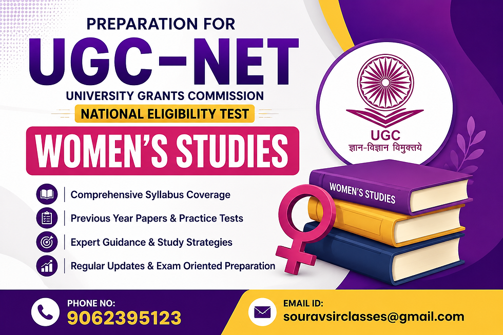 An academic-themed educational banner designed for UGC–NET Women’s Studies preparation showing students studying with books, notes, and digital resources focused on gender studies, feminism theories, and research methodology. The visual represents structured exam preparation, syllabus understanding, and strategic learning approach for competitive examinations. It reflects a serious academic environment highlighting focus, dedication, and higher education exam readiness.