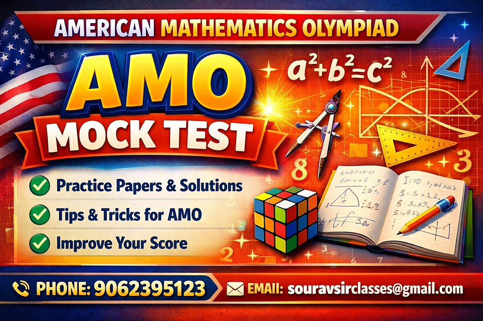 American Mathematics Olympiad (AMO) mock test illustration showing advanced mathematical problem-solving concepts, equations, and logical reasoning diagrams. Designed for students preparing for competitive olympiad exams, featuring challenging questions, step-by-step solutions, and analytical thinking practice for high-level mathematics success.