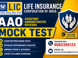 LIC AAO Mock Test banner featuring professional exam preparation layout with Assistant Administrative Officer practice questions, real exam pattern design, and structured test format. Ideal for students preparing for LIC recruitment exams, highlighting performance analysis, detailed solutions, and strategic practice approach. Designed to attract serious aspirants aiming to improve accuracy, speed, and overall exam readiness.