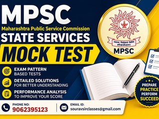 MPSC State Services Mock Test banner showcasing a professional exam preparation concept with organized question papers, analytical charts, and study materials for Prelims and Mains. Designed for aspirants preparing for Maharashtra Public Service Commission exams, highlighting practice tests, performance tracking, and detailed solutions in a clean, vibrant, and student-friendly educational layout.