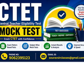 Teacher Eligibility Test (TET) and Central Teacher Eligibility Test (CTET) mock test preparation banner showing students practicing exam questions with educational icons, books, and digital test interface. Designed for aspiring teachers preparing for teaching exams, this visual represents structured practice sets, solved questions, exam pattern understanding, and effective preparation strategies to succeed in CTET and TET examinations.