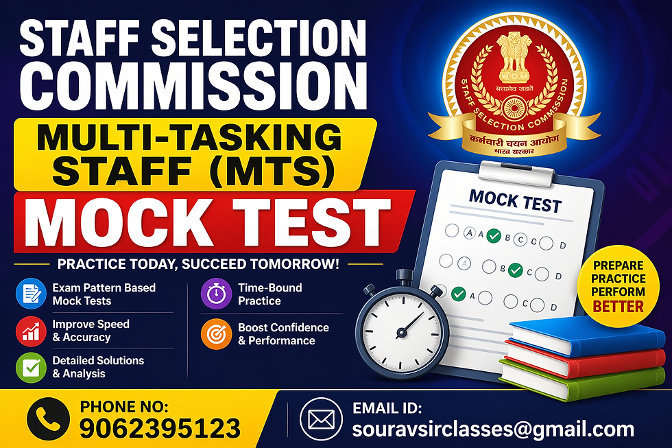 SSC MTS mock test practice interface showing structured question sets, multiple-choice answers, and performance analysis dashboard designed for students preparing for Staff Selection Commission Multi-Tasking Staff examination. The visual highlights exam-level questions, time tracking features, accuracy improvement tools, and a clean educational layout suitable for competitive exam aspirants aiming for government job success.