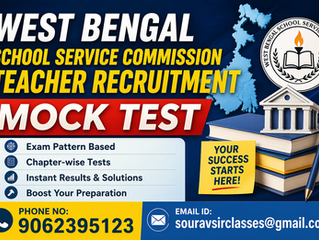 West Bengal SSC Teacher Recruitment mock test banner featuring professional academic design with clean layout, vibrant yet eye-soothing colors, and education-focused elements like books, question papers, and exam icons. The image represents structured preparation, practice tests, and success in teaching exams, making it ideal for students and guardians looking for reliable WB SSC exam preparation resources and high-quality mock test practice materials.