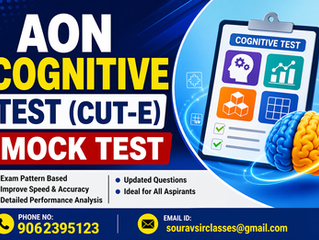 Aon Cognitive Test (Cut-e) mock test interface showing advanced aptitude questions including numerical reasoning, logical puzzles, and situational judgment scenarios on a digital screen. The image highlights a structured online assessment environment with performance analytics, timer-based testing, and detailed answer explanations, helping students and job aspirants prepare effectively for recruitment assessments and improve problem-solving skills.