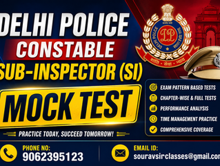 Delhi Police Constable and Sub-Inspector SI mock test practice set featuring exam-level questions with detailed solutions for SSC Delhi Police preparation. This educational resource helps candidates improve speed, accuracy, and problem-solving skills through structured mock exams designed according to the latest exam pattern. Ideal for aspirants preparing for competitive police recruitment exams with focused practice and performance analysis.