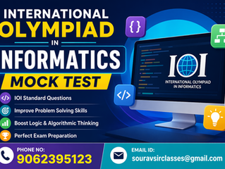 International Olympiad in Informatics mock test banner showcasing students solving advanced programming problems on computers, with visual elements representing algorithms, data structures, and coding logic. The image highlights competitive programming practice, logical reasoning, and problem-solving skills essential for Olympiad success, making it ideal for educational platforms offering IOI preparation and mock tests for school students.