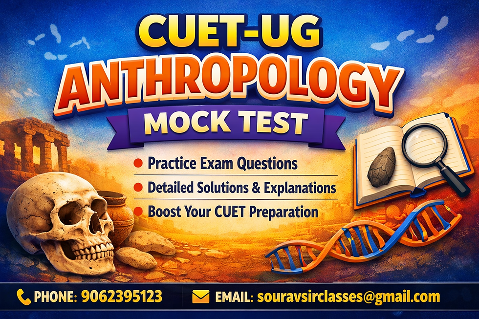 CUET UG Anthropology mock test page displaying a structured set of practice questions with multiple-choice answers and detailed explanations for undergraduate entrance exam preparation. The content is designed to help students strengthen their understanding of Anthropology concepts, improve accuracy, and assess their readiness for the CUET examination through a realistic test environment and exam-oriented question patterns.