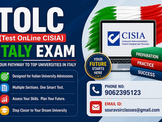 TOLC (Test OnLine CISIA) Italy Exam coaching classes banner showing students preparing with laptops, study materials, and expert guidance. Visual highlights include Italy university admission pathway, structured syllabus learning, mock test practice, and performance analysis. Ideal representation of online and offline coaching support for Indian students aiming to qualify TOLC exam and secure admission in top Italian universities.
