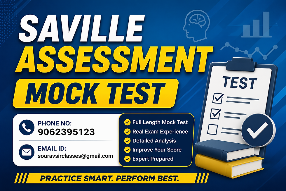 Saville Assessment Mock Test interface showing aptitude questions, logical reasoning problems, and psychometric evaluation sections on a clean digital platform. The image highlights a professional online test environment with performance analytics, timer, and multiple-choice questions designed for students and job aspirants preparing for recruitment assessments and skill evaluation exams.