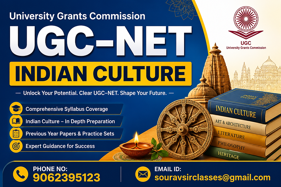 Professional educational thumbnail for UGC–NET Indian Culture preparation featuring symbolic representations of Indian heritage, traditional art forms, architecture, manuscripts, classical culture studies, educational books, structured learning concepts, examination preparation elements, academic planning visuals, cultural research themes, student achievement representation, and a modern institutional design emphasizing educational excellence and subject mastery.