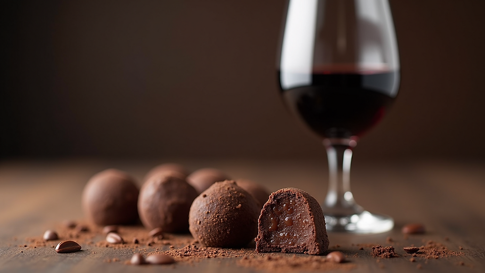 Close-up view of rich chocolate truffles set beside a glass of dark Port wine