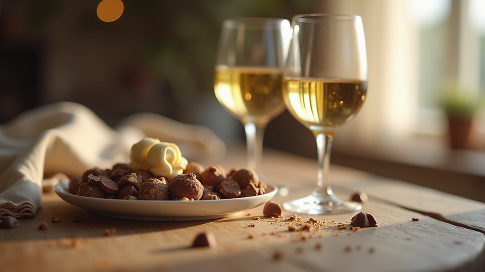 High angle view of a glass of white wine and milk chocolate
