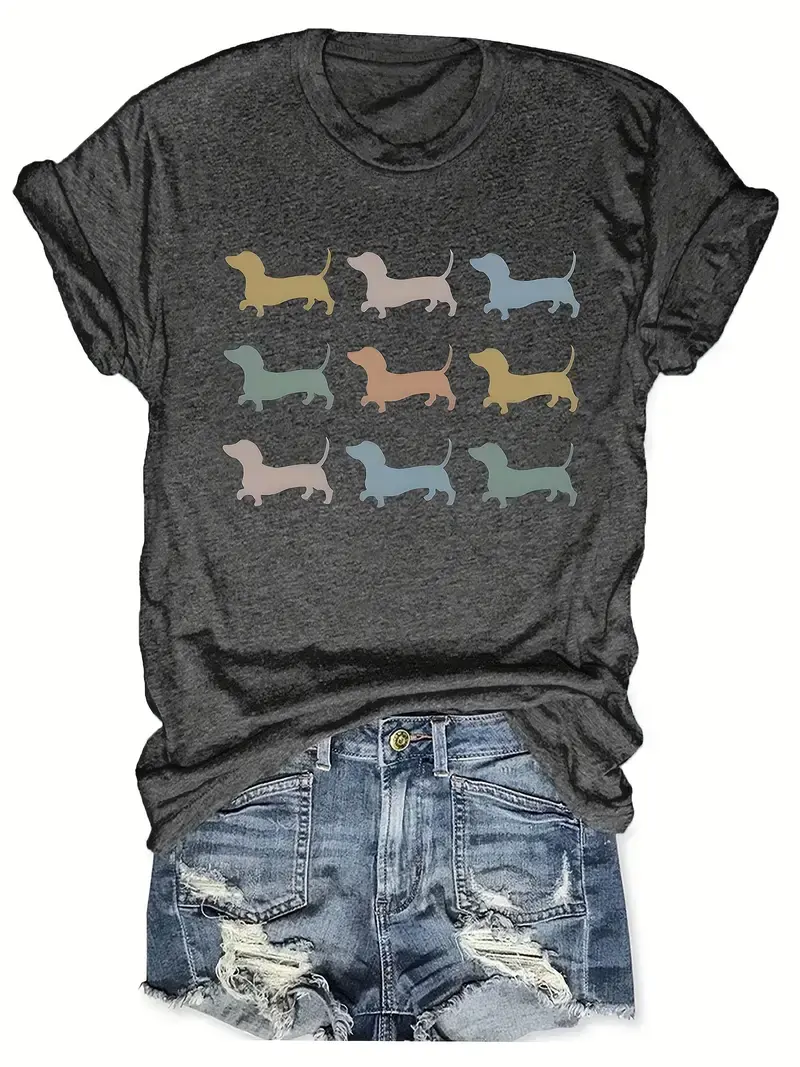 Women's Dachshund Dog Print Crew Neck T-Shirt, Casual Short Sleeve Top