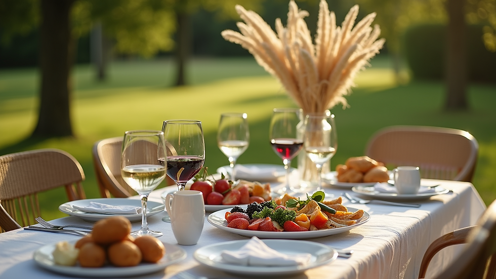 High angle view of a beautifully set summer picnic table with wine and food