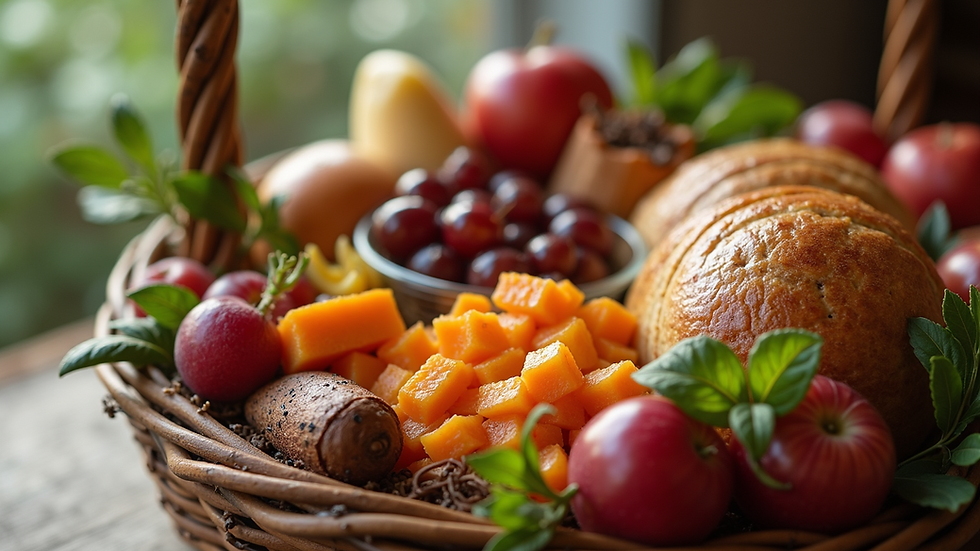 Close-up view of a gourmet food gift basket