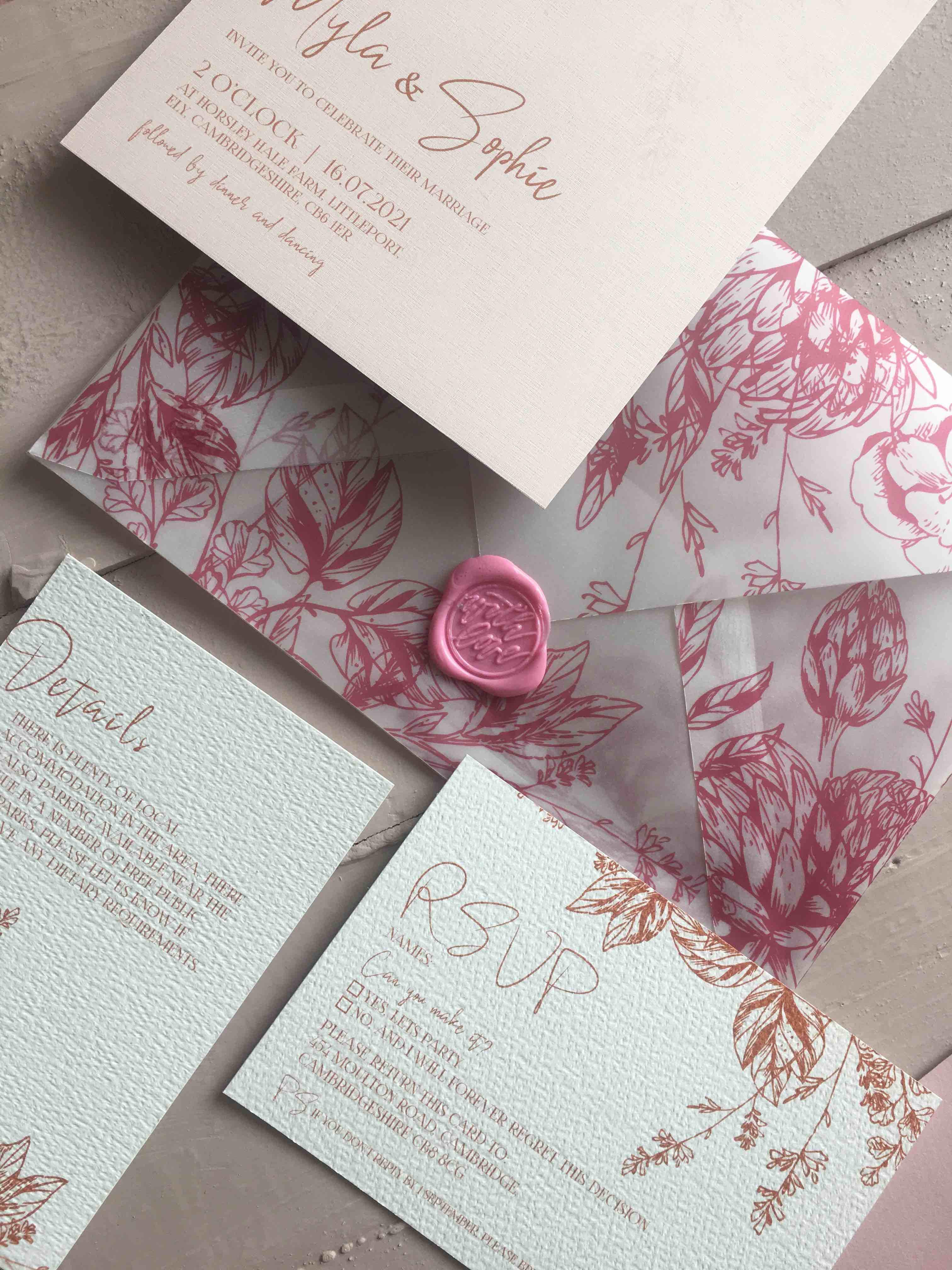 Botanical Wedding Invitation Suite With Vellum Envelopes Uk Buck And Bear