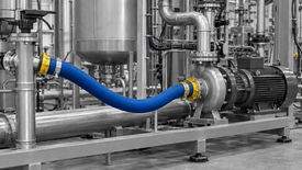 Impianto industriale con collegamento flessibile evidenziato in blu e giallo