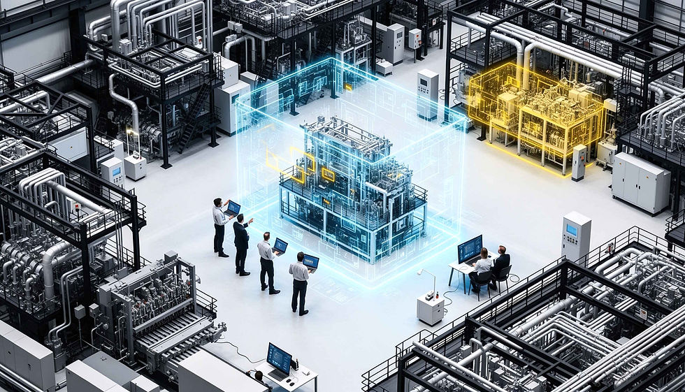 Engineers and industrial systems involved in a complex industrial systems integration project supporting the energy transition