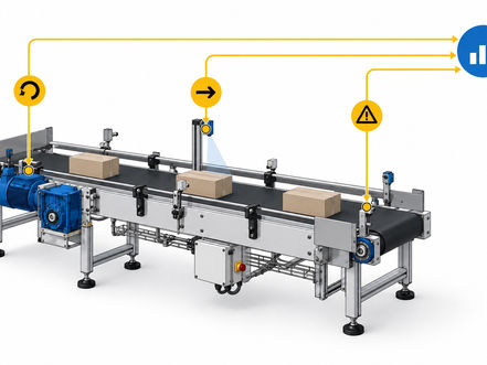Illustrazione tecnica di un nastro trasportatore industriale con motore, sensori e punti di misura selezionati collegati a un nodo dati centrale