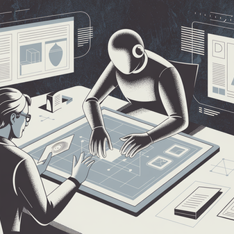 Engineer and humanoid robot collaborating on a project