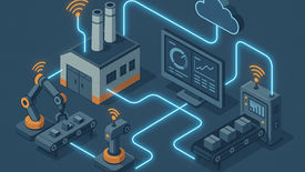  fabbrica intelligente con flussi dati che collegano sensori, macchinari, dashboard e cloud