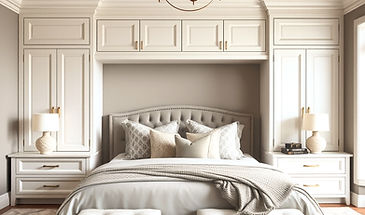 upscale grey and white bedroom with cus