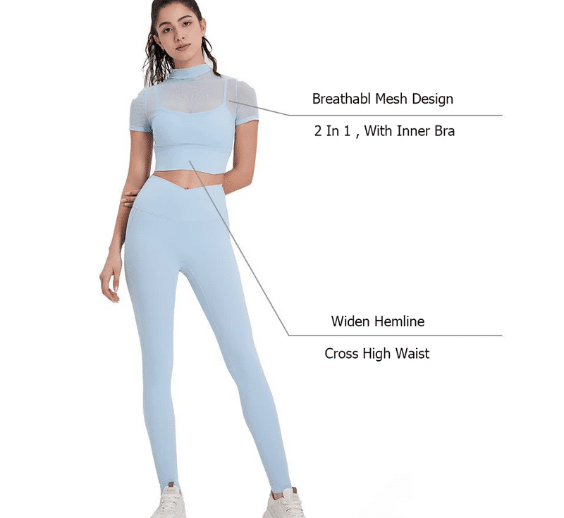 Women's Mesh Short Sleeve Yoga Set with Stretch Leggings