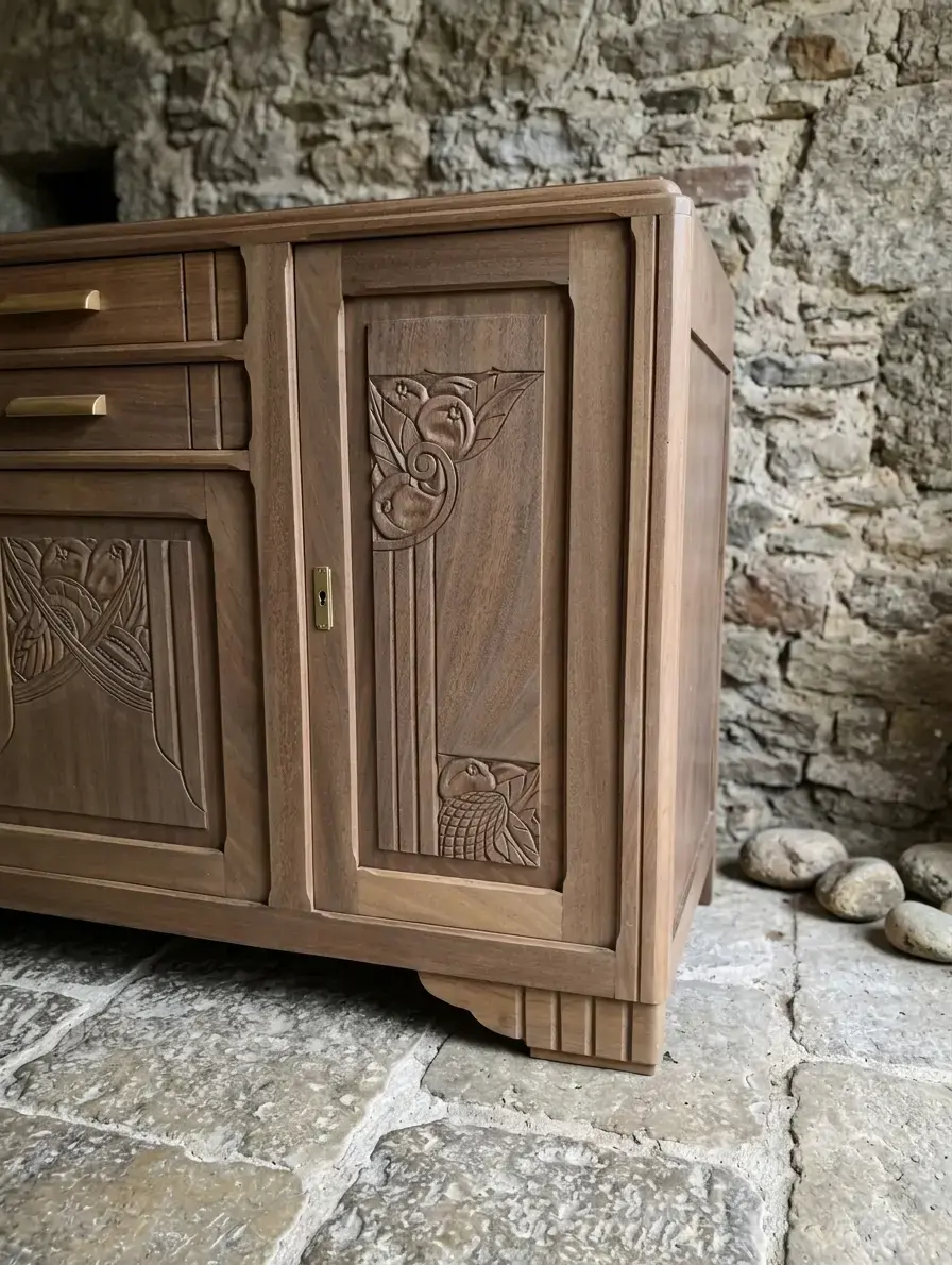 Miniature : Buffet ancien en noyer aérogommé et vitrifié, disponible en livraison partout en France.