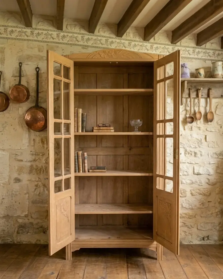 Miniature : Armoire vitrine vintage Art Déco avec porte ouverte et étagères en bois massif dans un intérieur campagne chic.