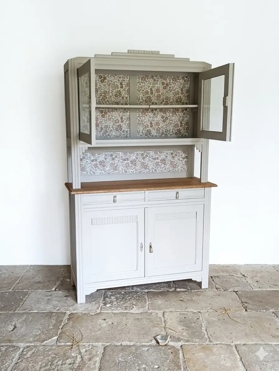 Miniature : Buffet Art Déco ancien relooké avec vitrine et tissu fleuri décoration intérieure française