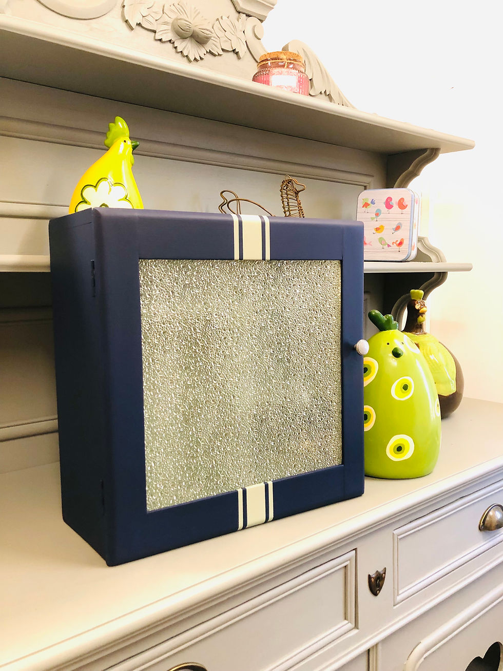 Miniature : Détail du verre martelé sur une boîte à pharmacie vintage restaurée en Vienne avec peinture bleu foncé et rayures blanches