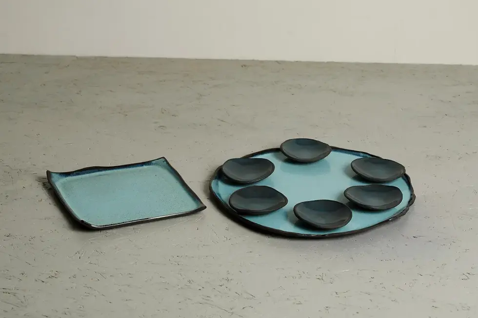 Turquoise Ceramic Seder and Matzah Plate Set