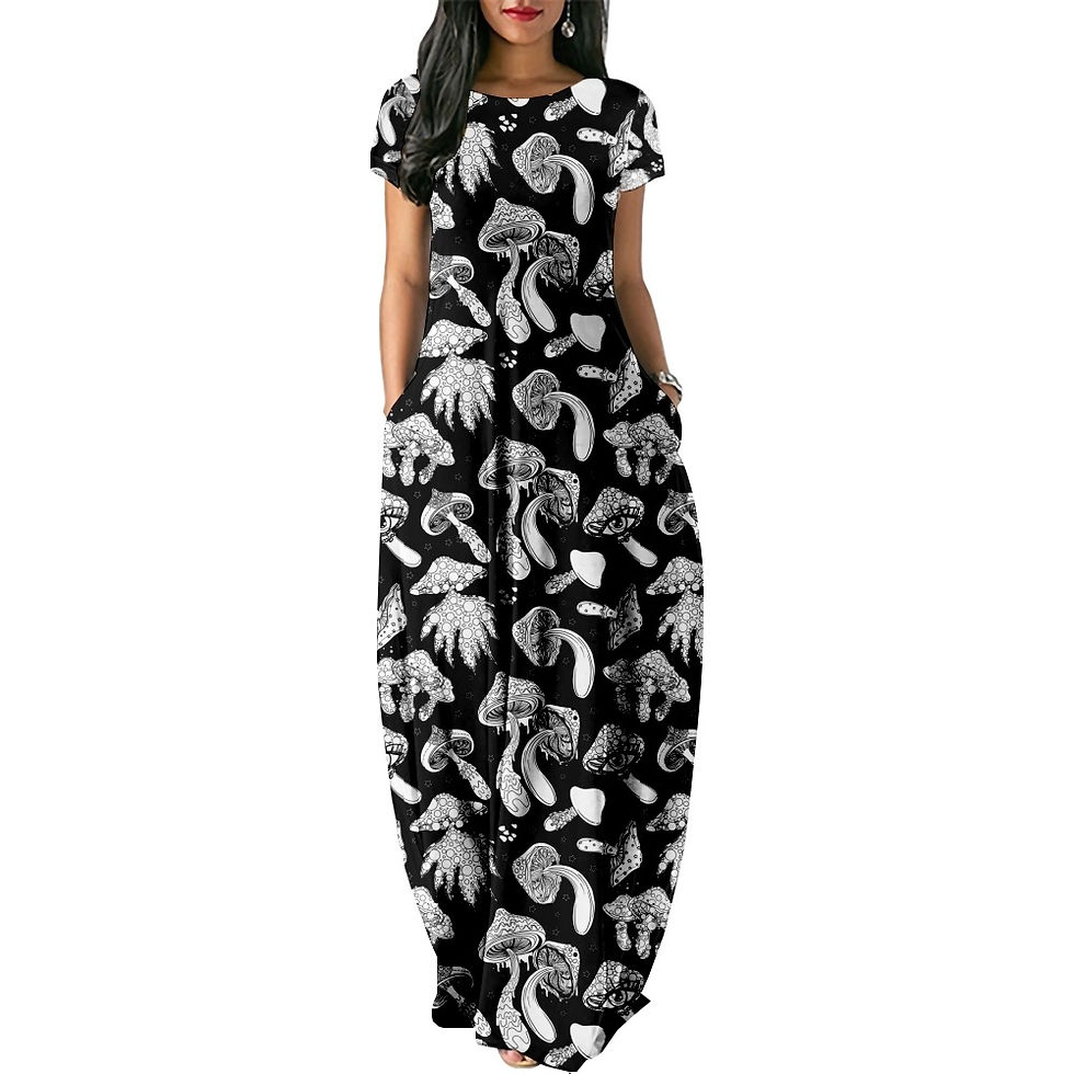 Thumbnail: Mushroom Print Short Sleeve Dress Loose Long Double Pocket