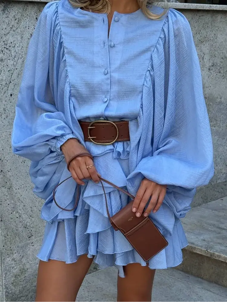 Thumbnail: Casual Full Sleeve Single-breasted Lotus Leaf Edge Mini Dress Elegant Belt Pleat
