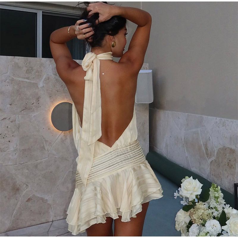 Thumbnail: Casual Full Sleeve Single-breasted Lotus Leaf Edge Mini Dress Elegant Belt Pleat