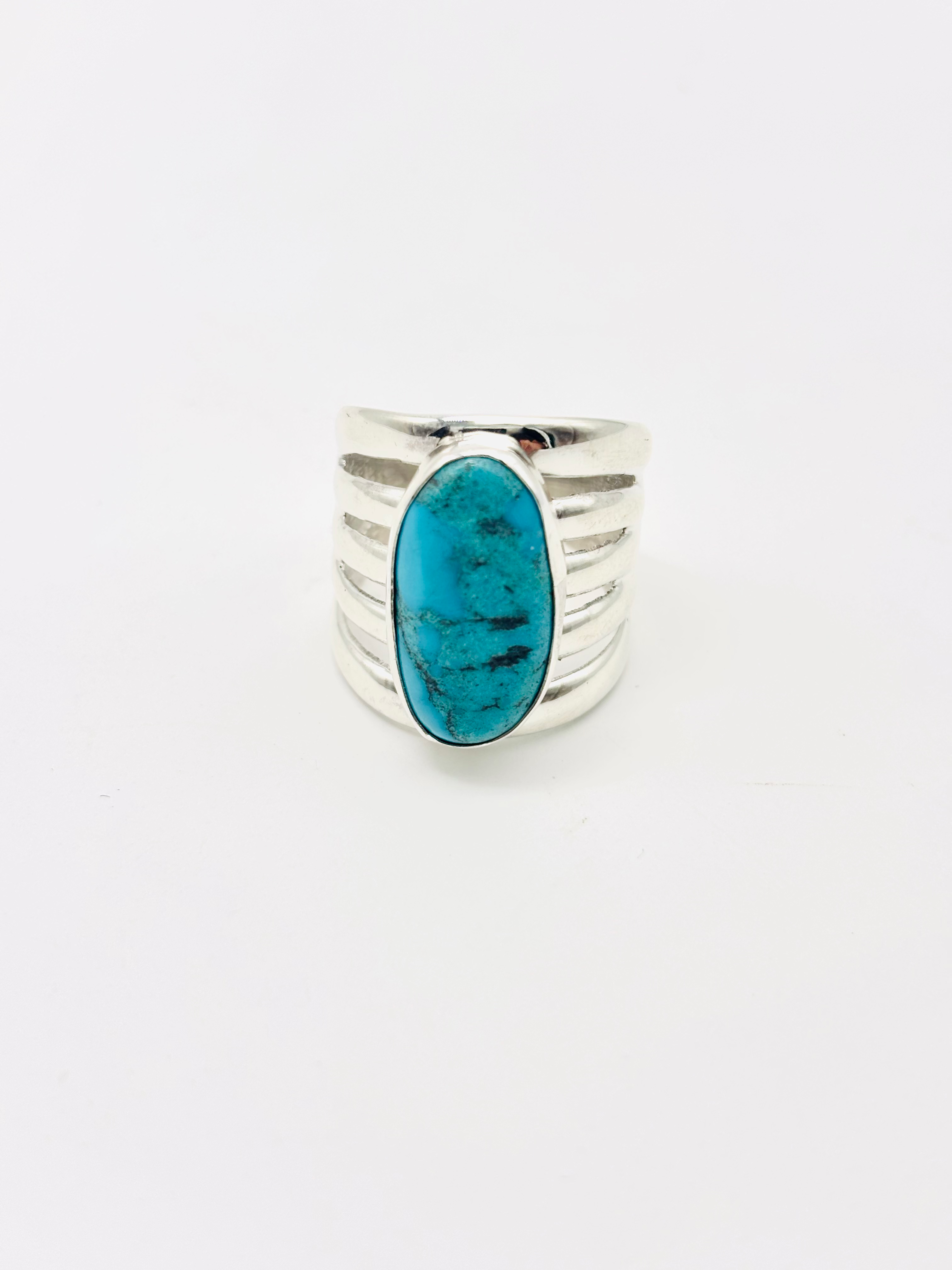 Kingman Turquoise Sandcast Ring – Navajo Handmade by Lucy Dickson