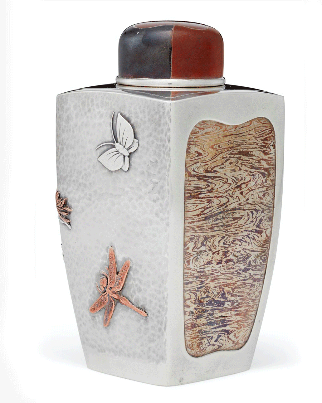 A Rare Tiffany Mixed Metal and Mokume Gane Sterling Silver Tea Caddy