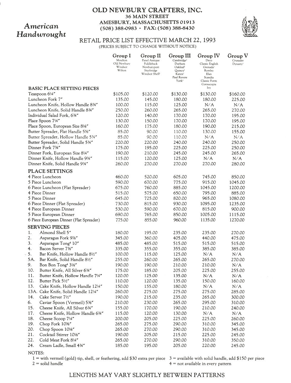 Old Newbury Crafters Hand Made Sterling Silver Pattern Identification Guide - Serving and Specialty Pieces - 1993 Price List