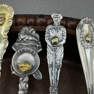 Sterling Silver Souvenir Spoons mounted with genuine 22 Karat Native Gold Nuggets