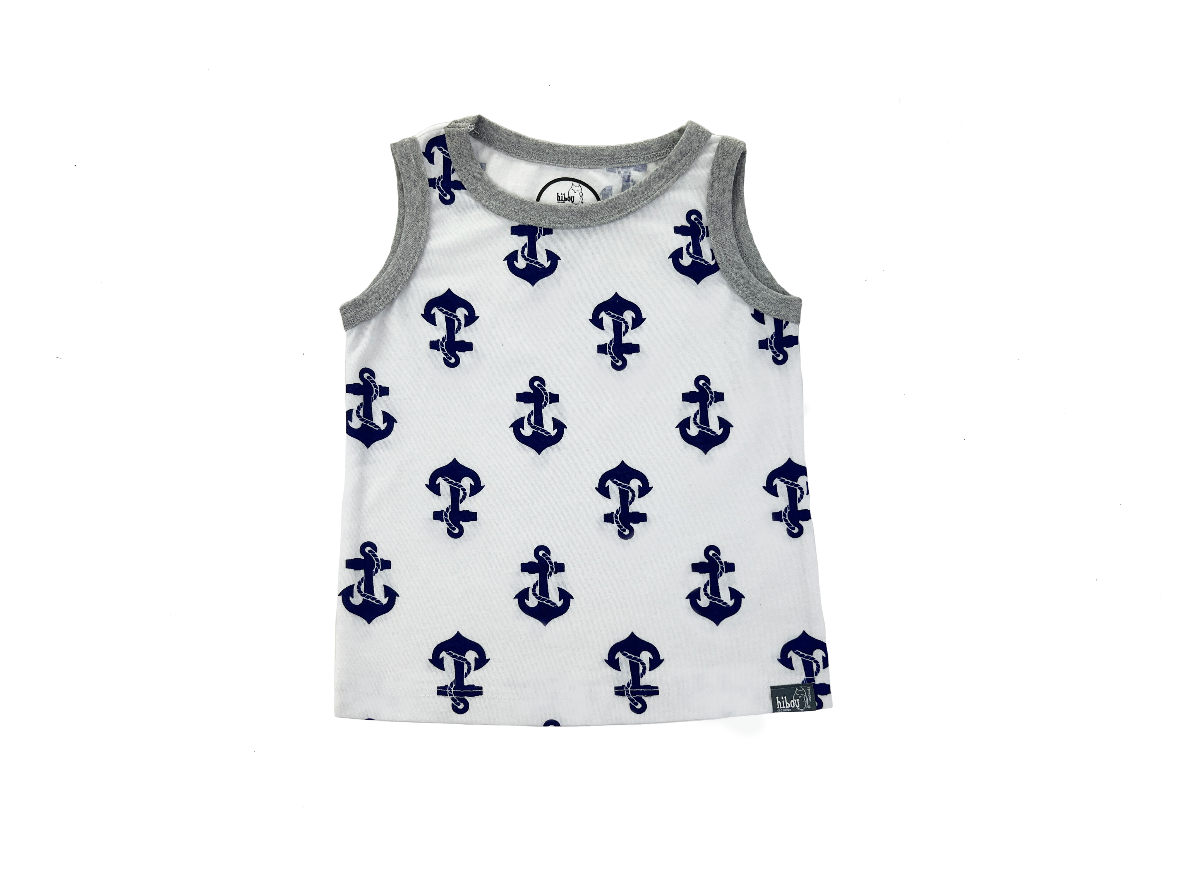 Front View of Boys Ringer Tank Top in Anchors Away Print
