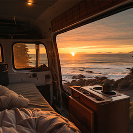 An RV parked along Malaysia’s scenic East Coast highway with the ocean in the background.