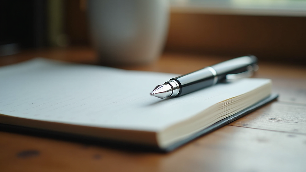 Close-up view of a journal and pen on a wooden desk