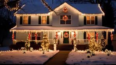 Festive house with Christmas Lights, wreaths, and snow at night, A&W Inver Grove