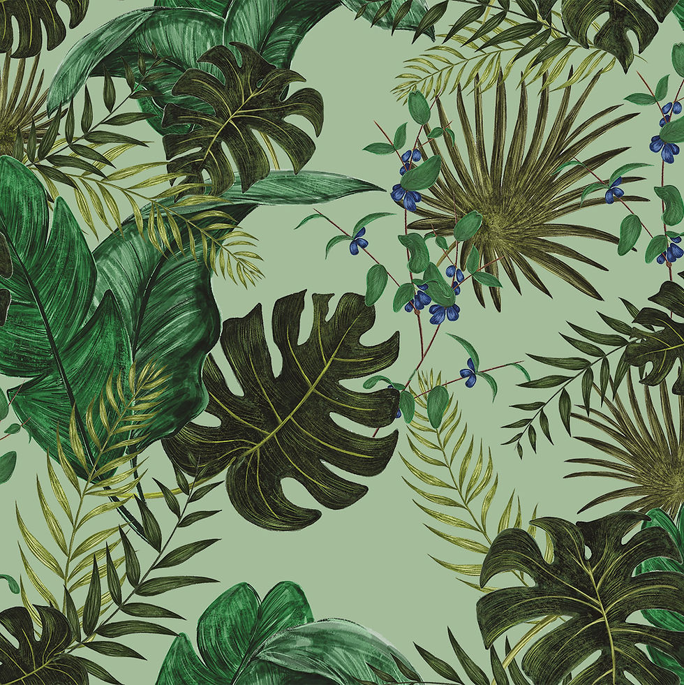 Designer Claret Exotic tropical leaves sage green pattern
