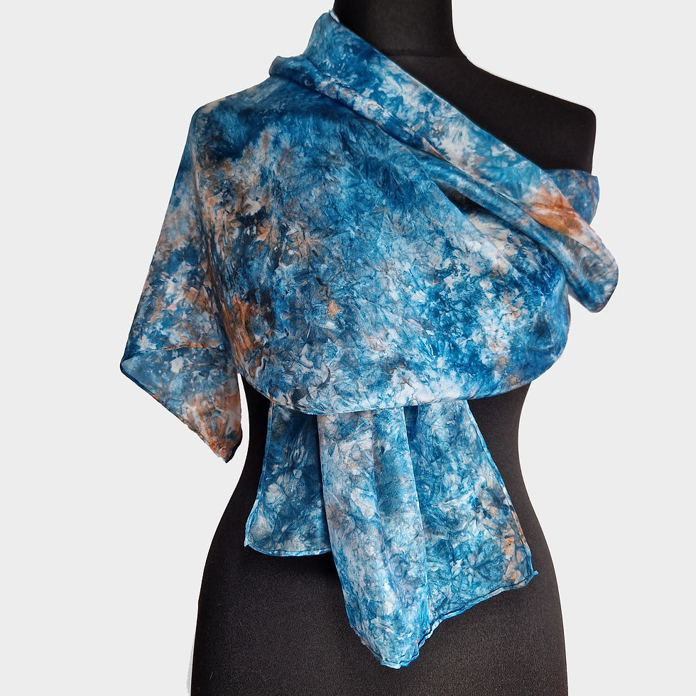 Thumbnail: Green and chestnut hand dyed silk scarf full view shown on mannequin