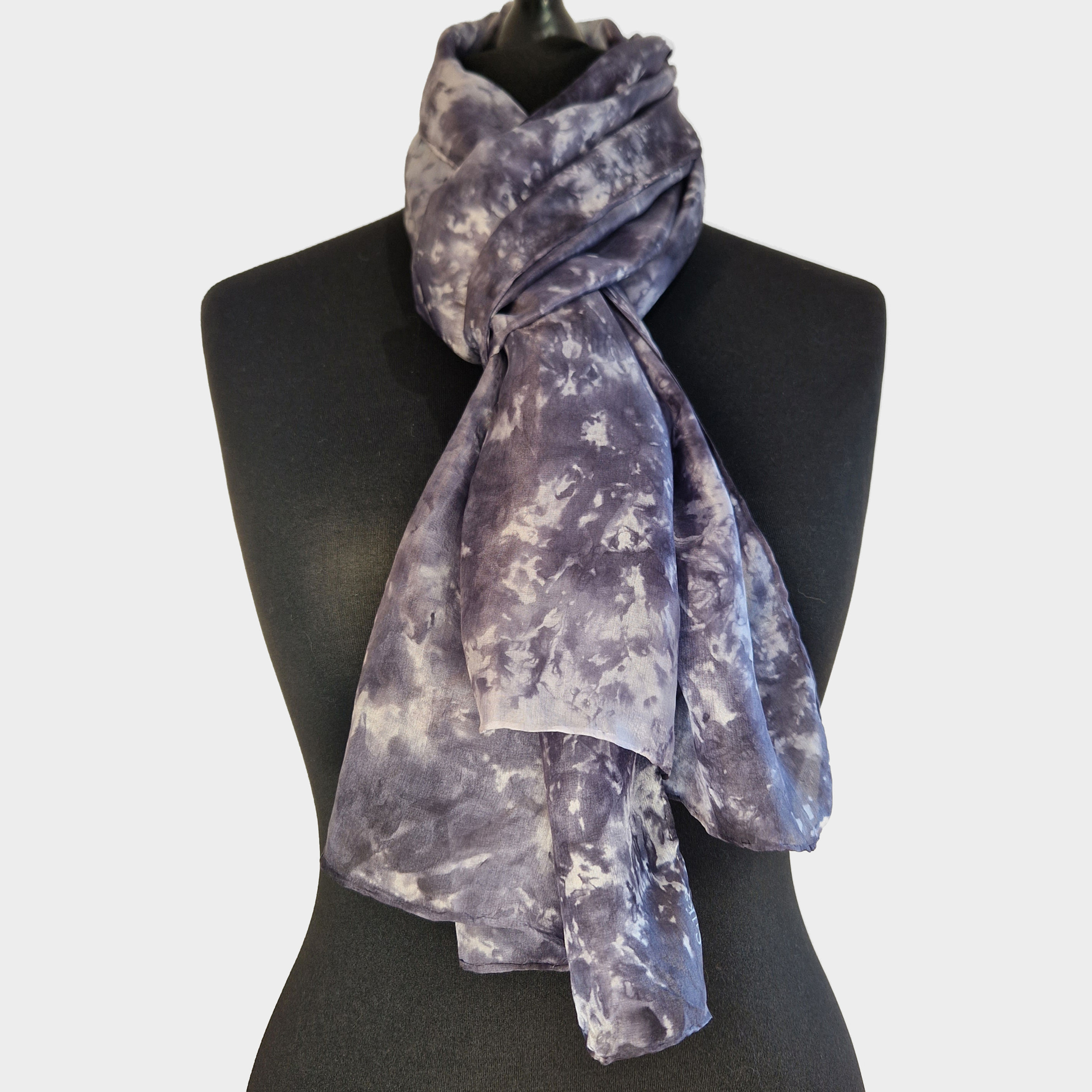 Grey and white hand dyed silk scarf full view displayed on mannequin